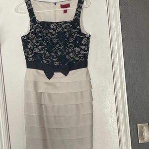 Black and white lace and satin cocktail dress